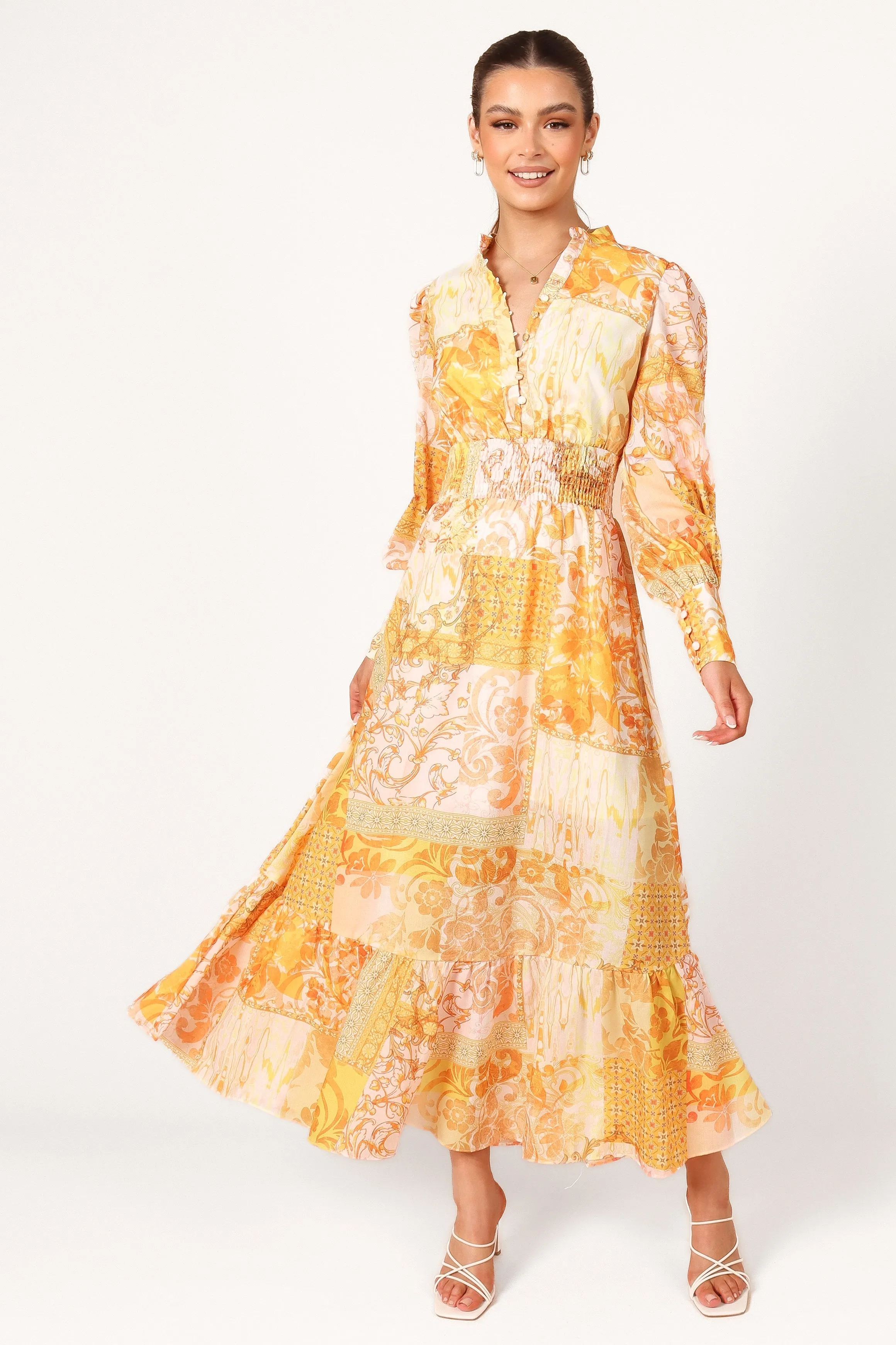 Elements Elastic Waist Long Sleeve Maxi Dress - Mustard