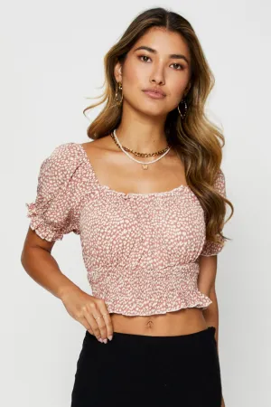 Geo Print Puff Sleeve Top Short Sleeve Crop