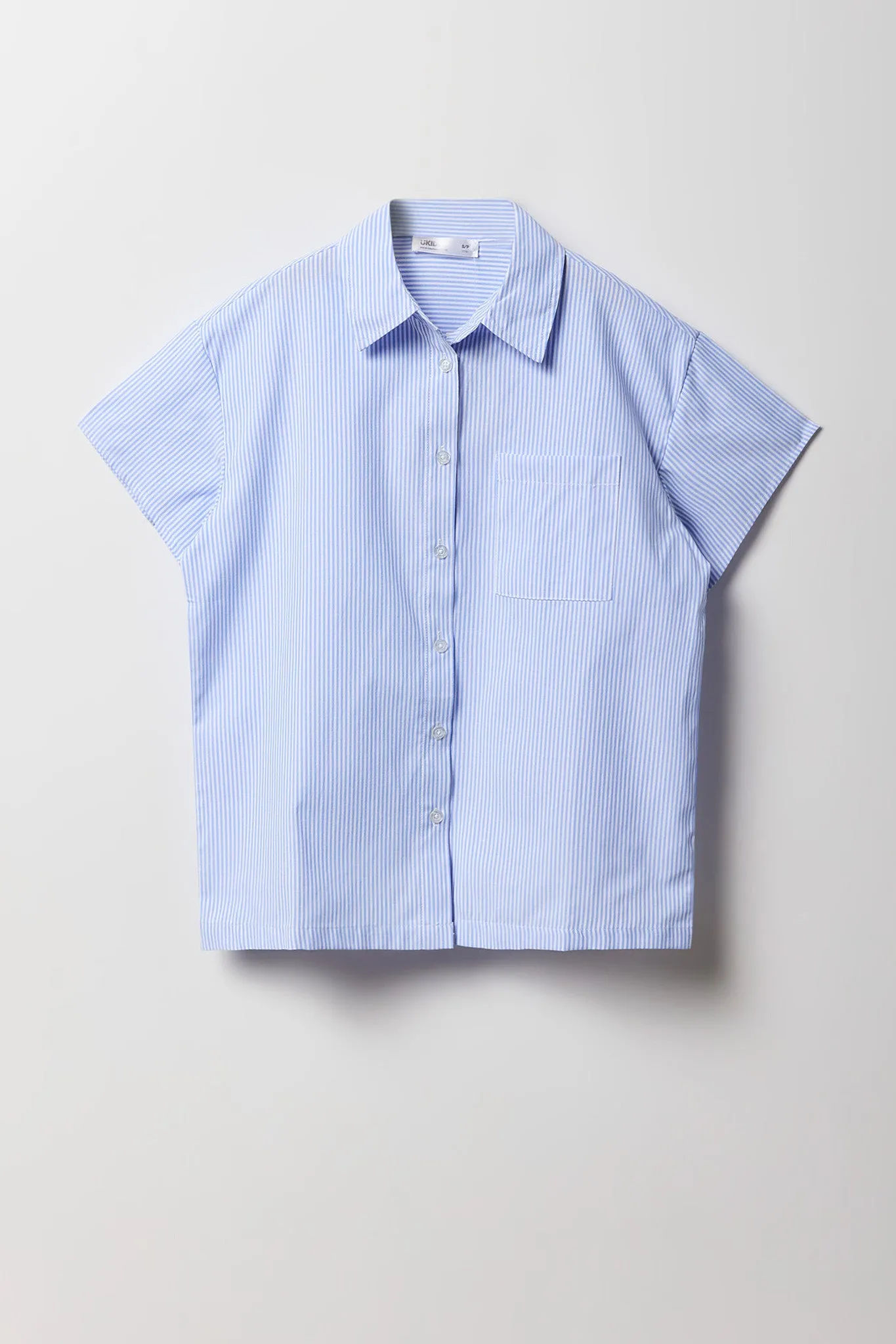 Girls Oversized Striped Button-Up Short Sleeve Top