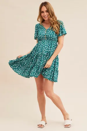 Green Ditsy Short Sleeve Floral Mini Skater Dress