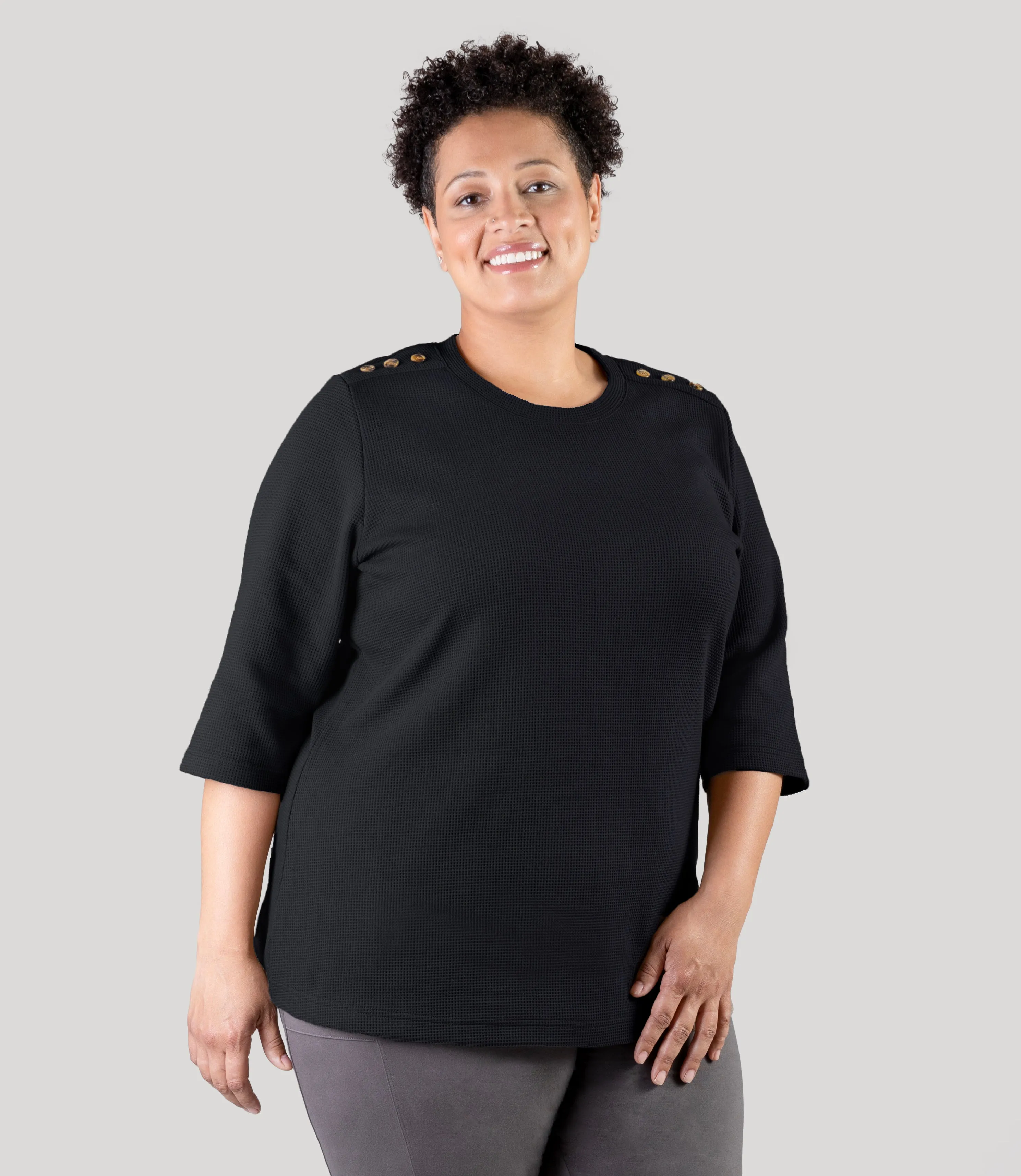 JunoWaffle 3/4 Sleeve Button Detail Top