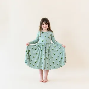 Long Sleeve Twirl Dress in Thyme Lily