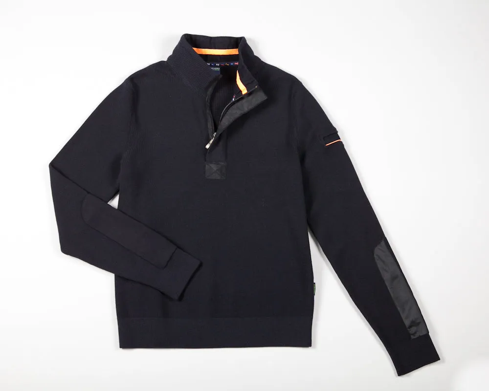 LOUP DE MER II - Quarter Zip Sweater with Forearm Canvas Trim For Men| 100% Wool (NAVY)