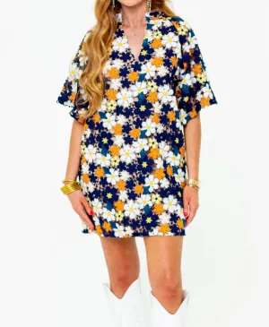 Lulu Short Sleeve Mini Caftan In Navy Blaze