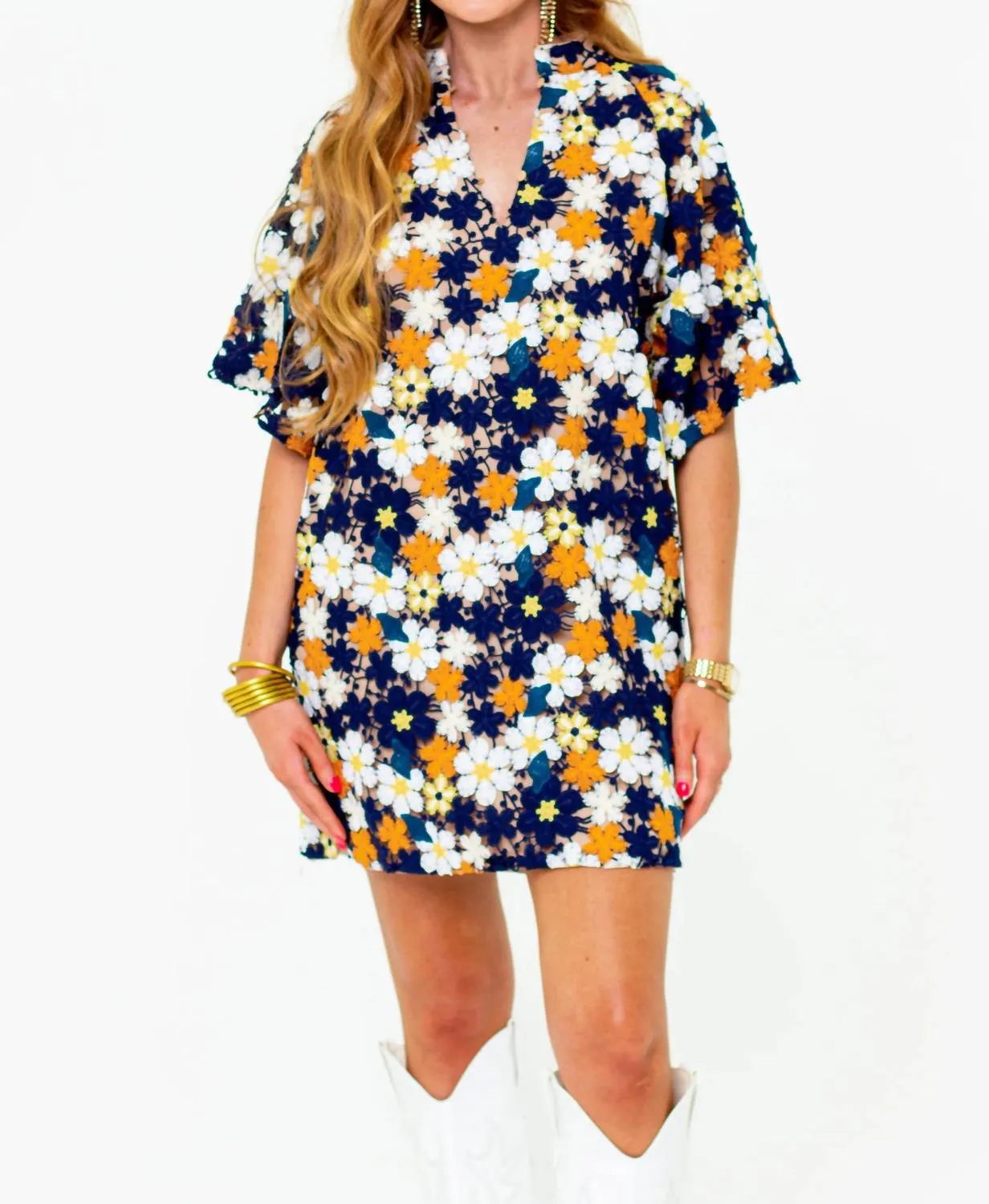 Lulu Short Sleeve Mini Caftan In Navy Blaze