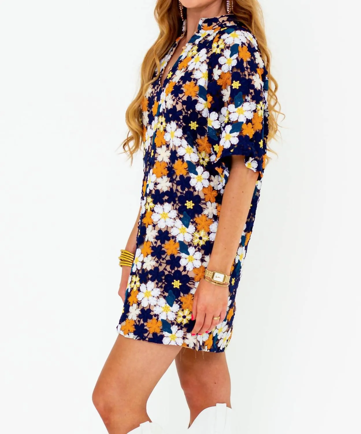 Lulu Short Sleeve Mini Caftan In Navy Blaze