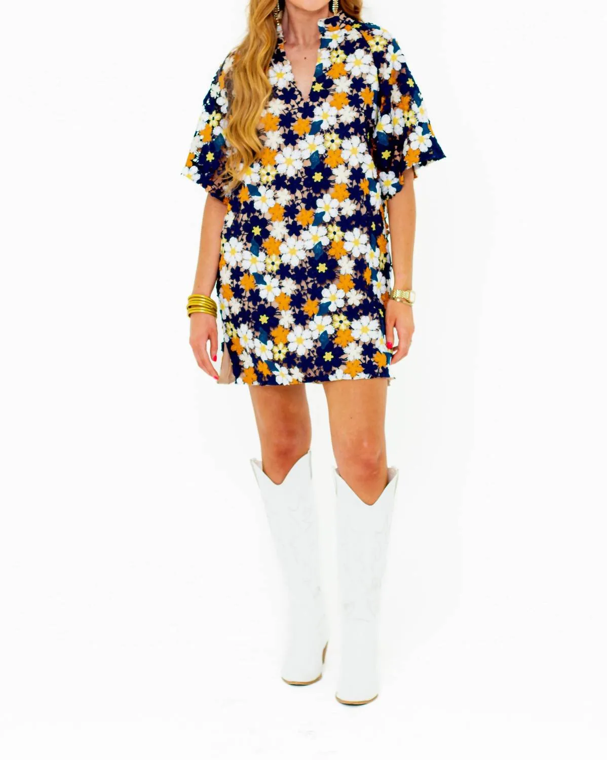 Lulu Short Sleeve Mini Caftan In Navy Blaze