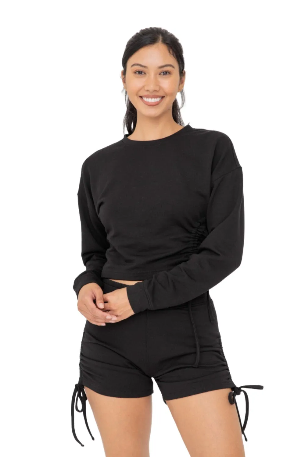 Mono B Fleece Side Cinch Long Sleeve Crewneck Top KTR12188