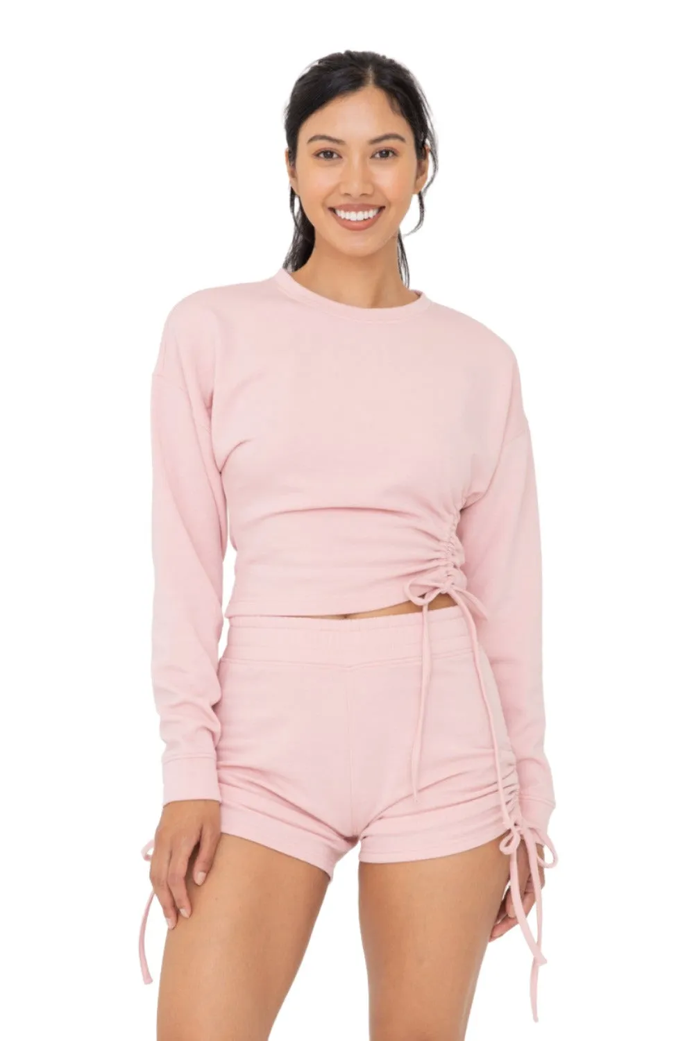 Mono B Fleece Side Cinch Long Sleeve Crewneck Top KTR12188