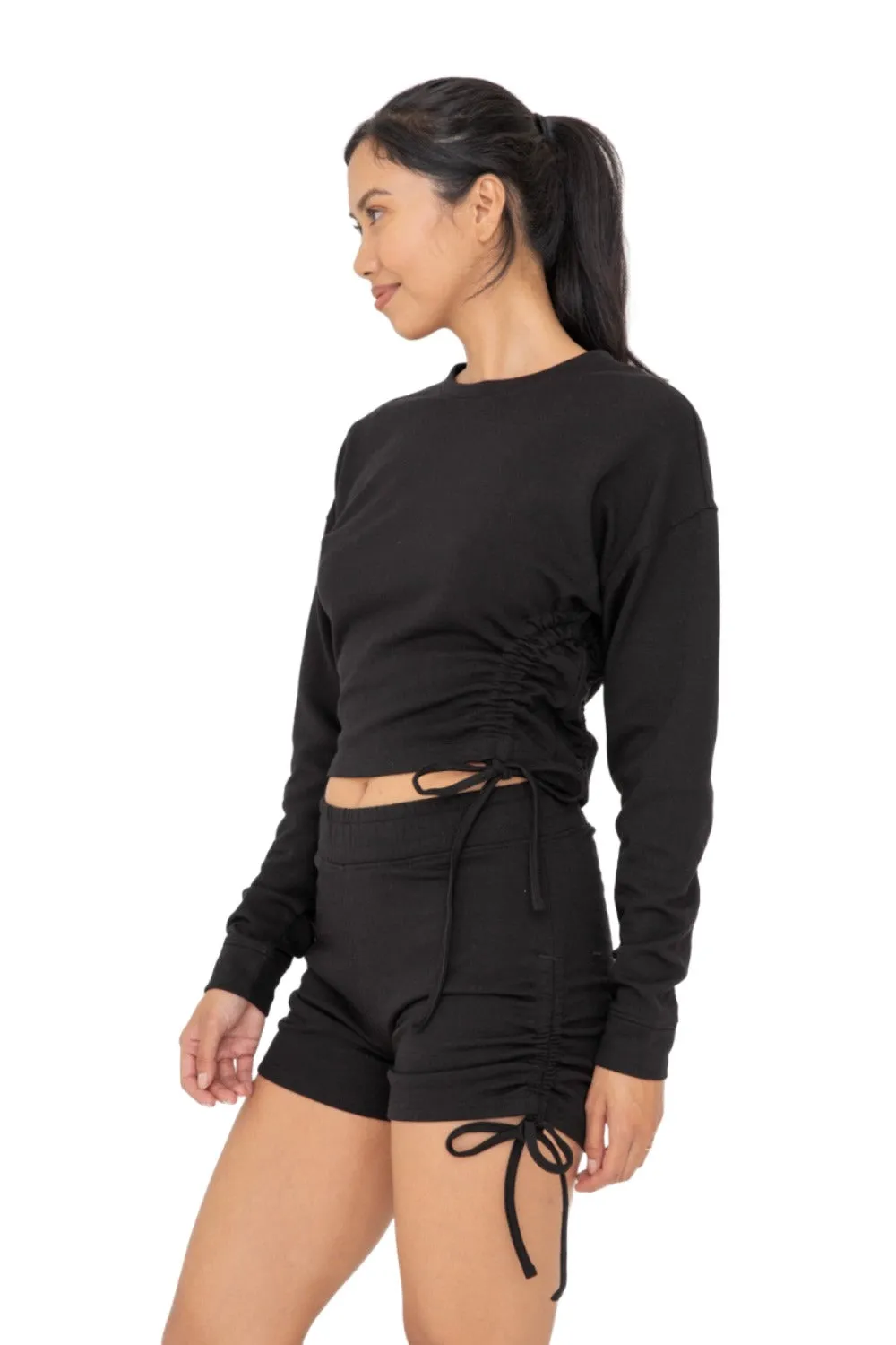 Mono B Fleece Side Cinch Long Sleeve Crewneck Top KTR12188