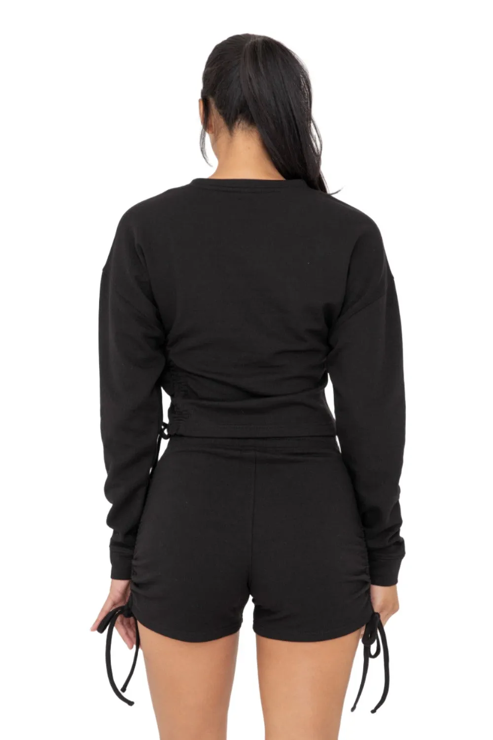 Mono B Fleece Side Cinch Long Sleeve Crewneck Top KTR12188