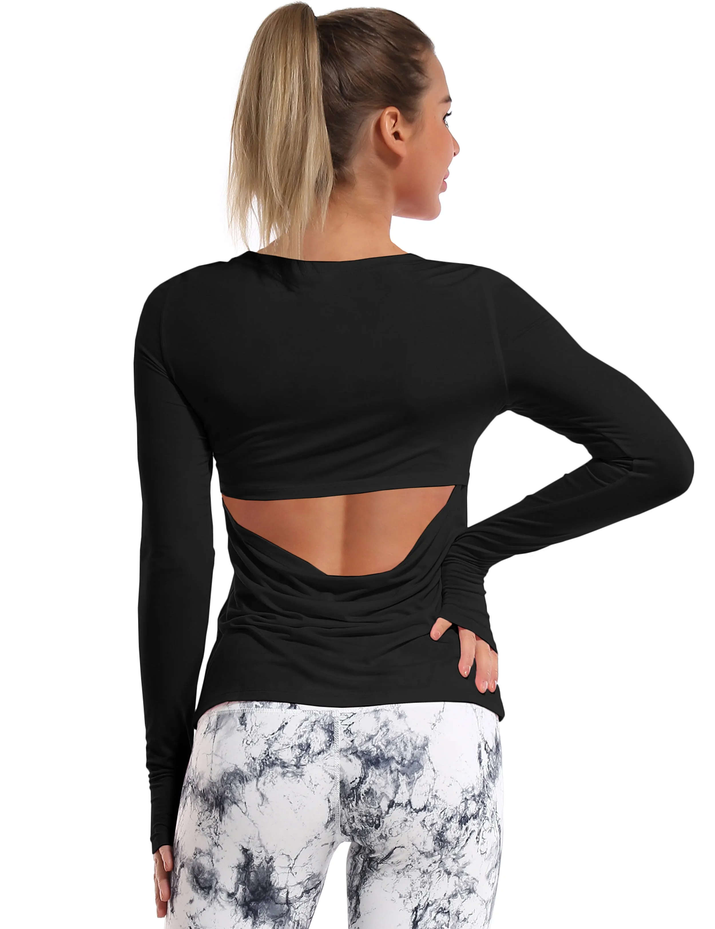 Open Back Long Sleeve Tops black_Pilates
