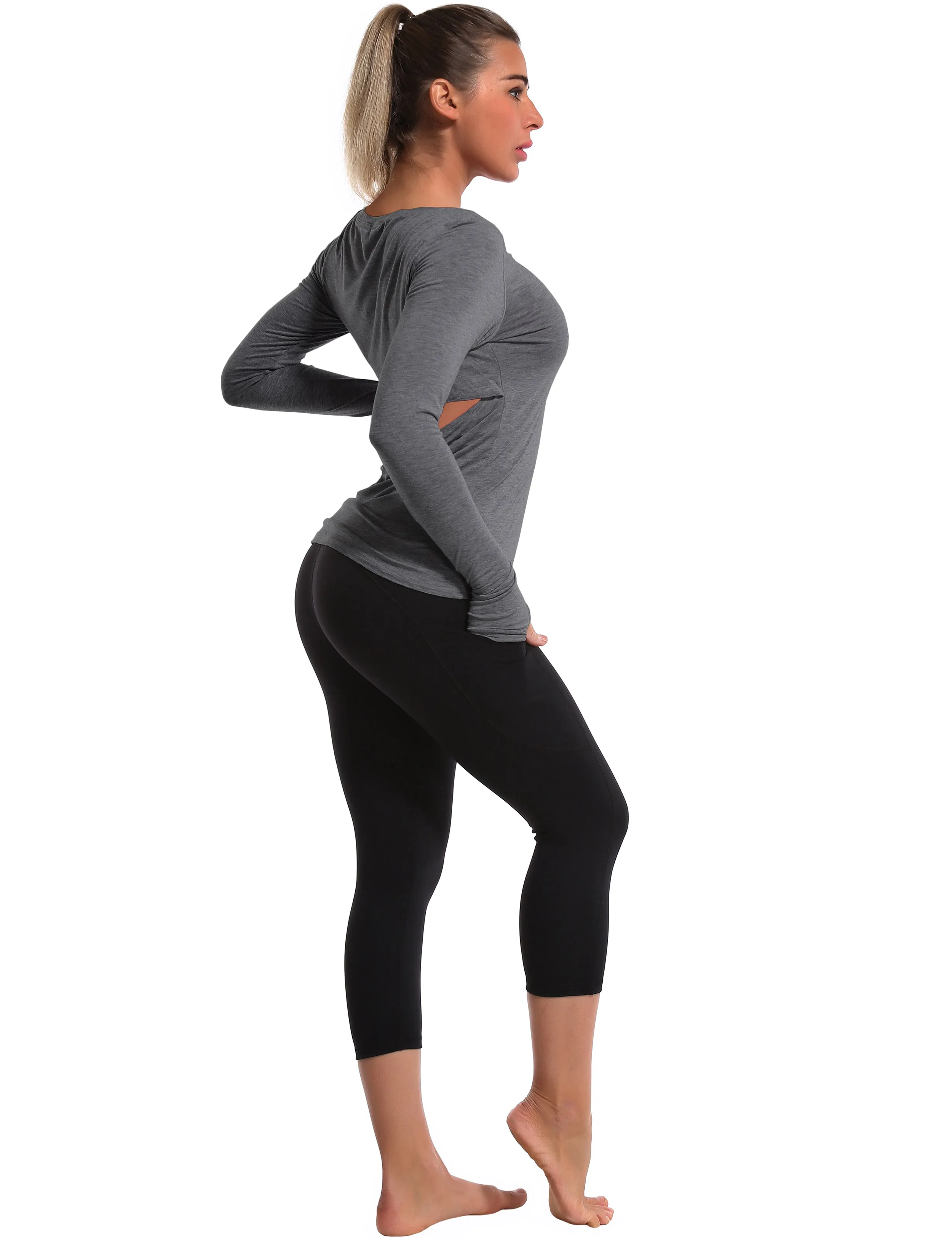 Open Back Long Sleeve Tops heathercharcoal_Pilates