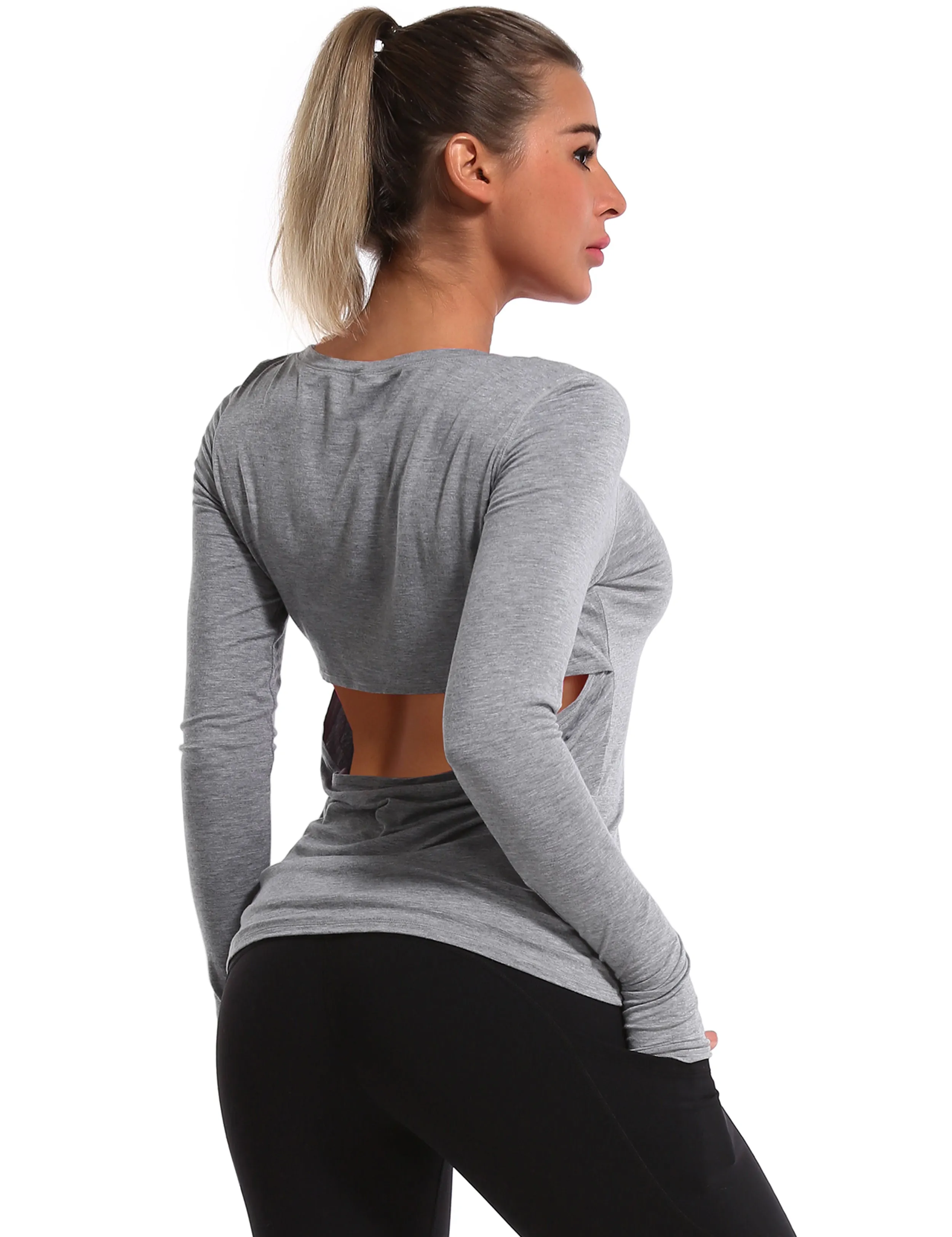 Open Back Long Sleeve Tops heathergray_Jogging