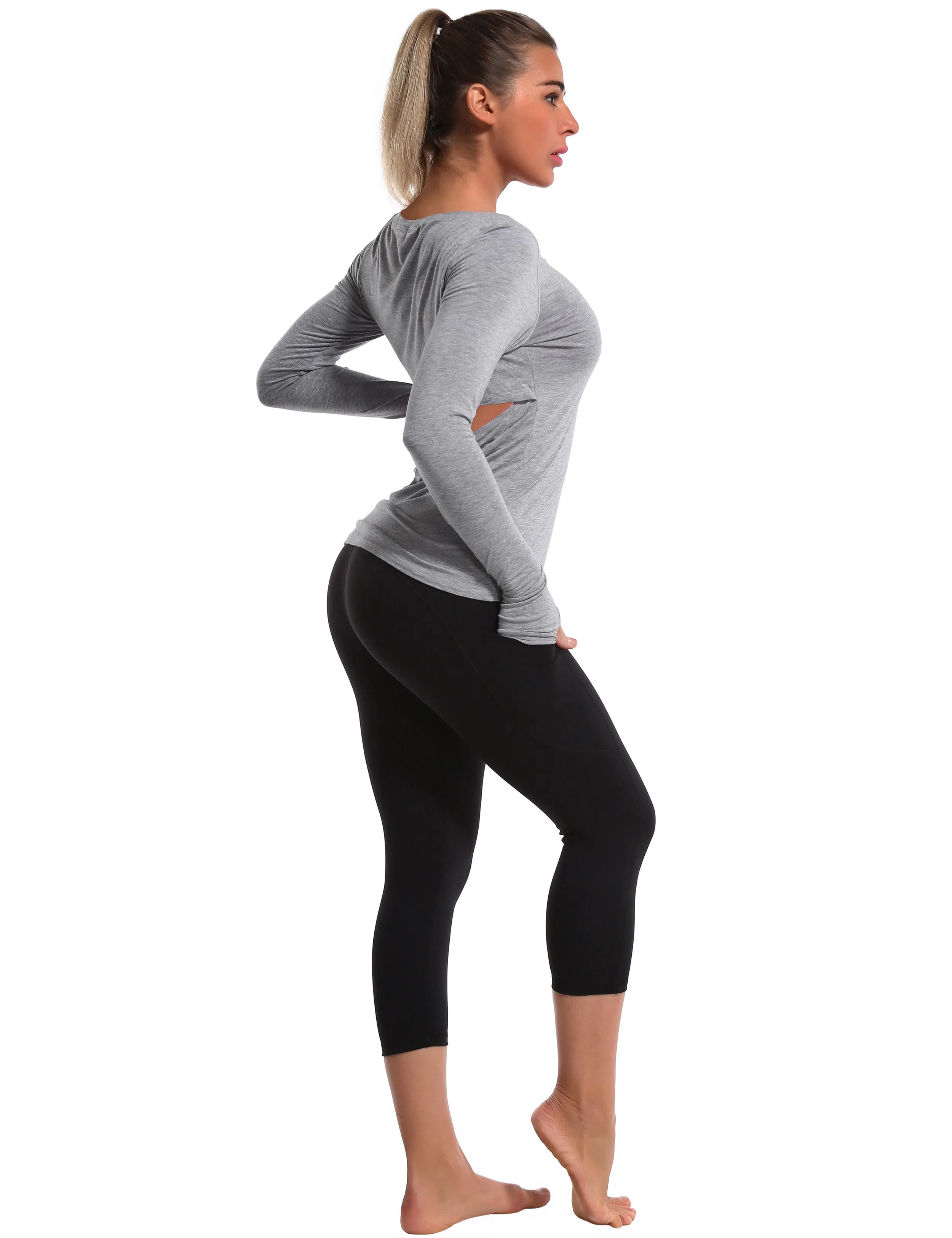 Open Back Long Sleeve Tops heathergray_Jogging
