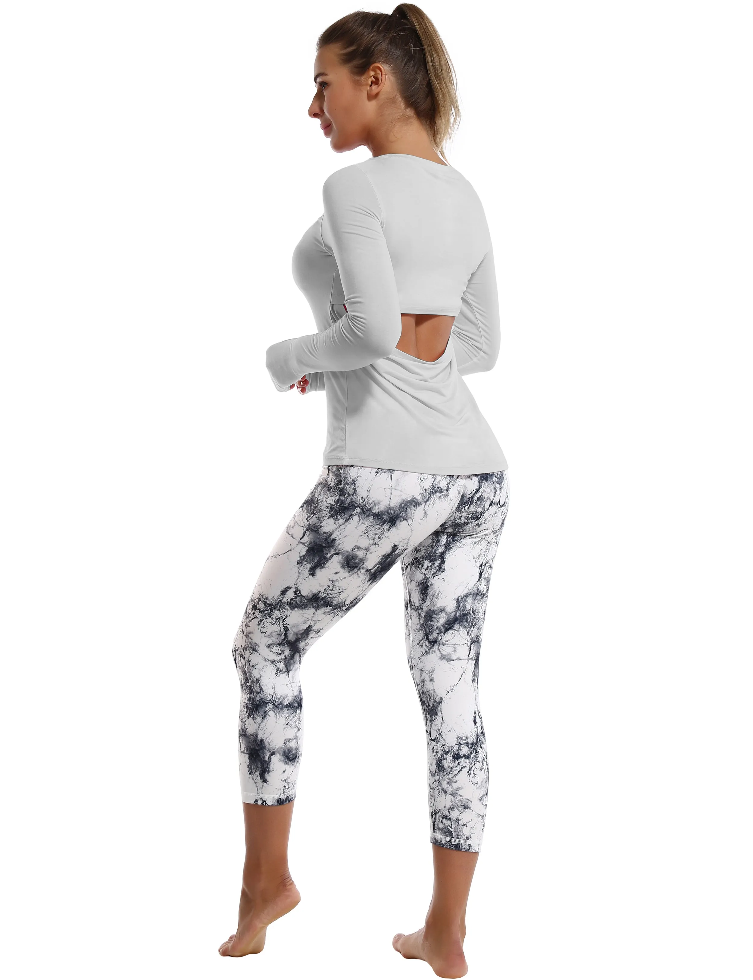Open Back Long Sleeve Tops lightgray_Gym