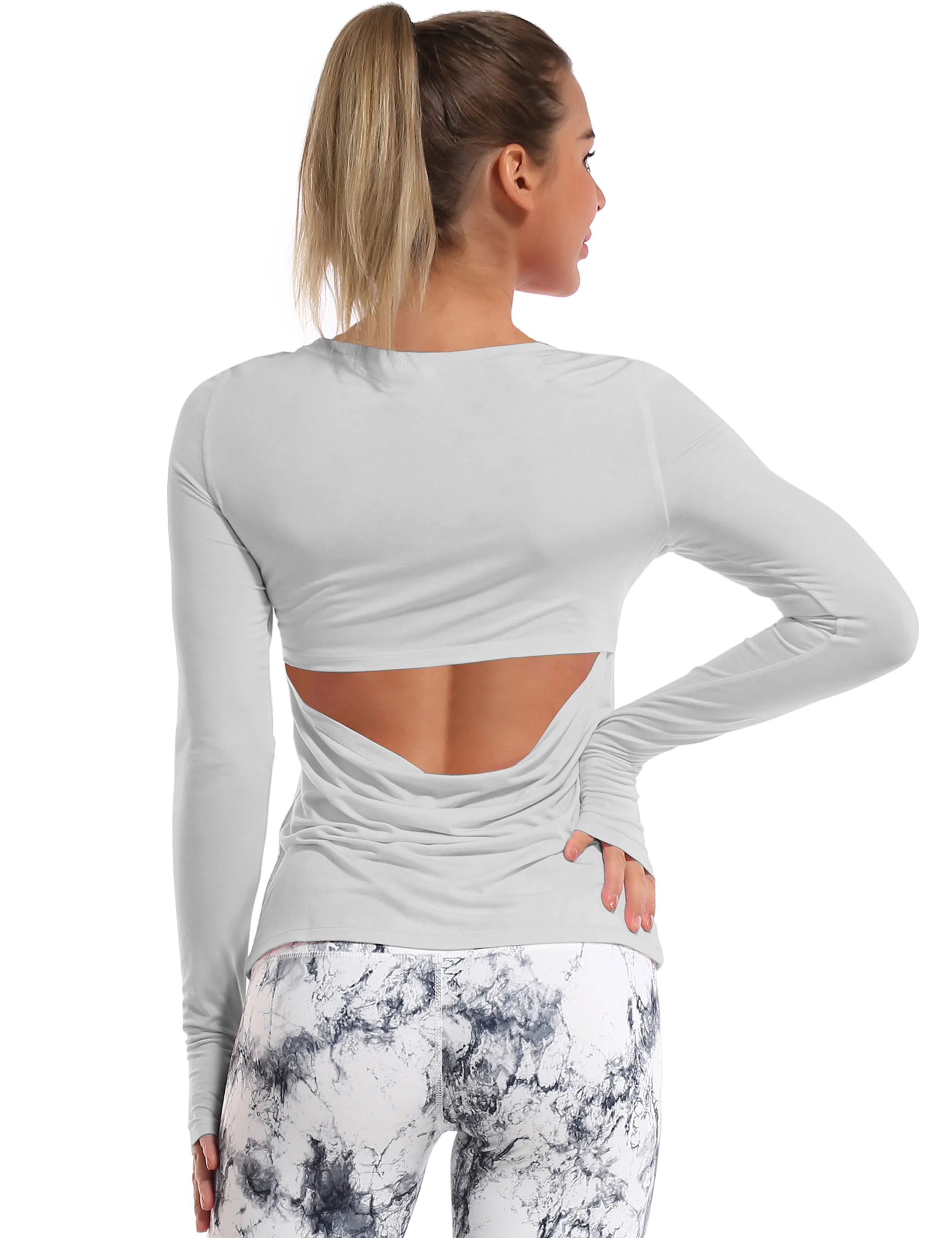 Open Back Long Sleeve Tops lightgray_Gym