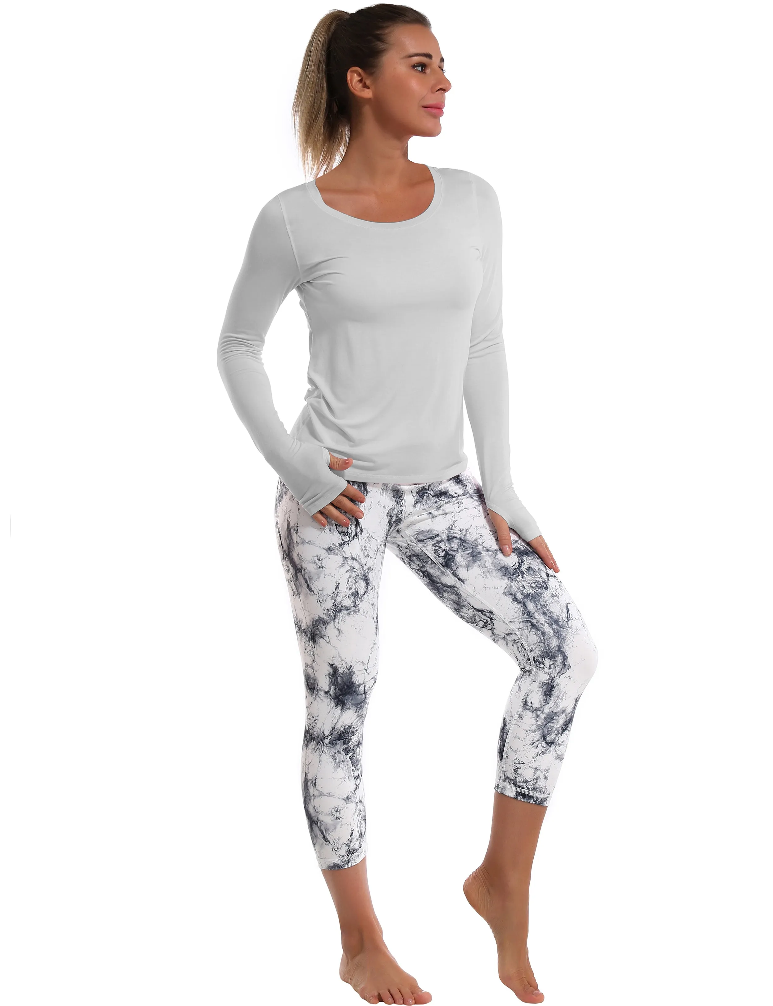 Open Back Long Sleeve Tops lightgray_Gym
