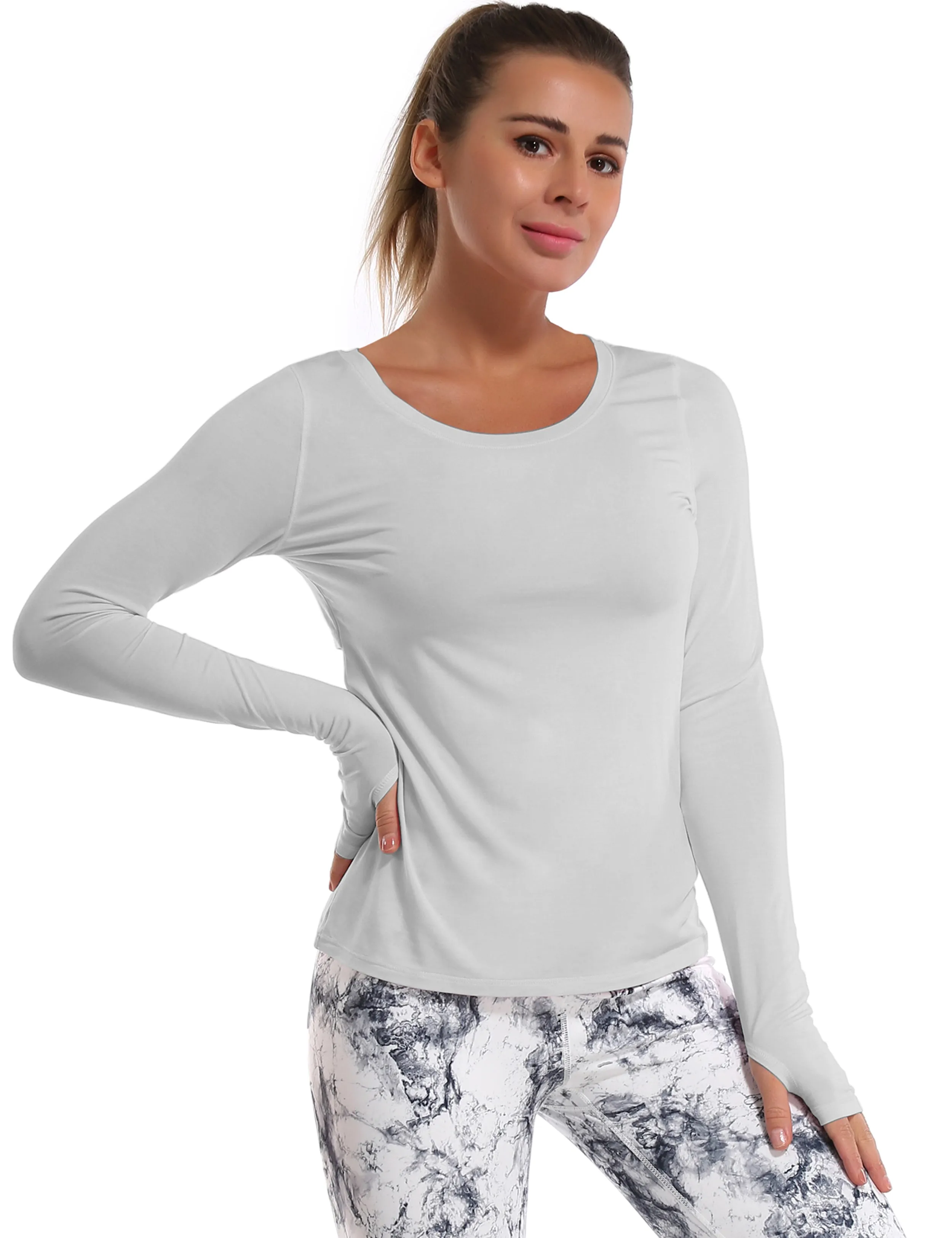 Open Back Long Sleeve Tops lightgray_Gym