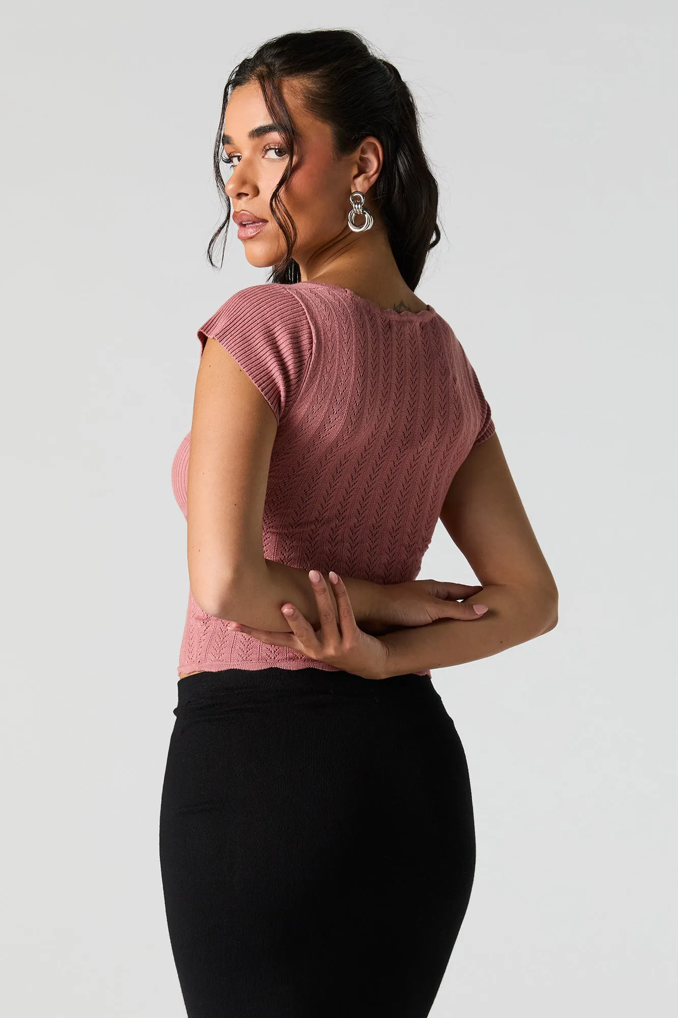 Pointelle Knit Scoop Neck Short Sleeve Top