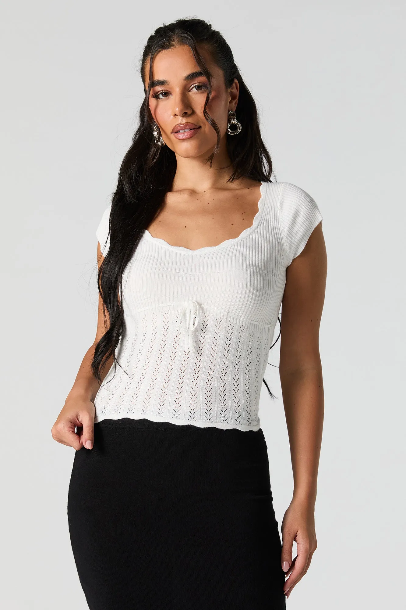 Pointelle Knit Scoop Neck Short Sleeve Top