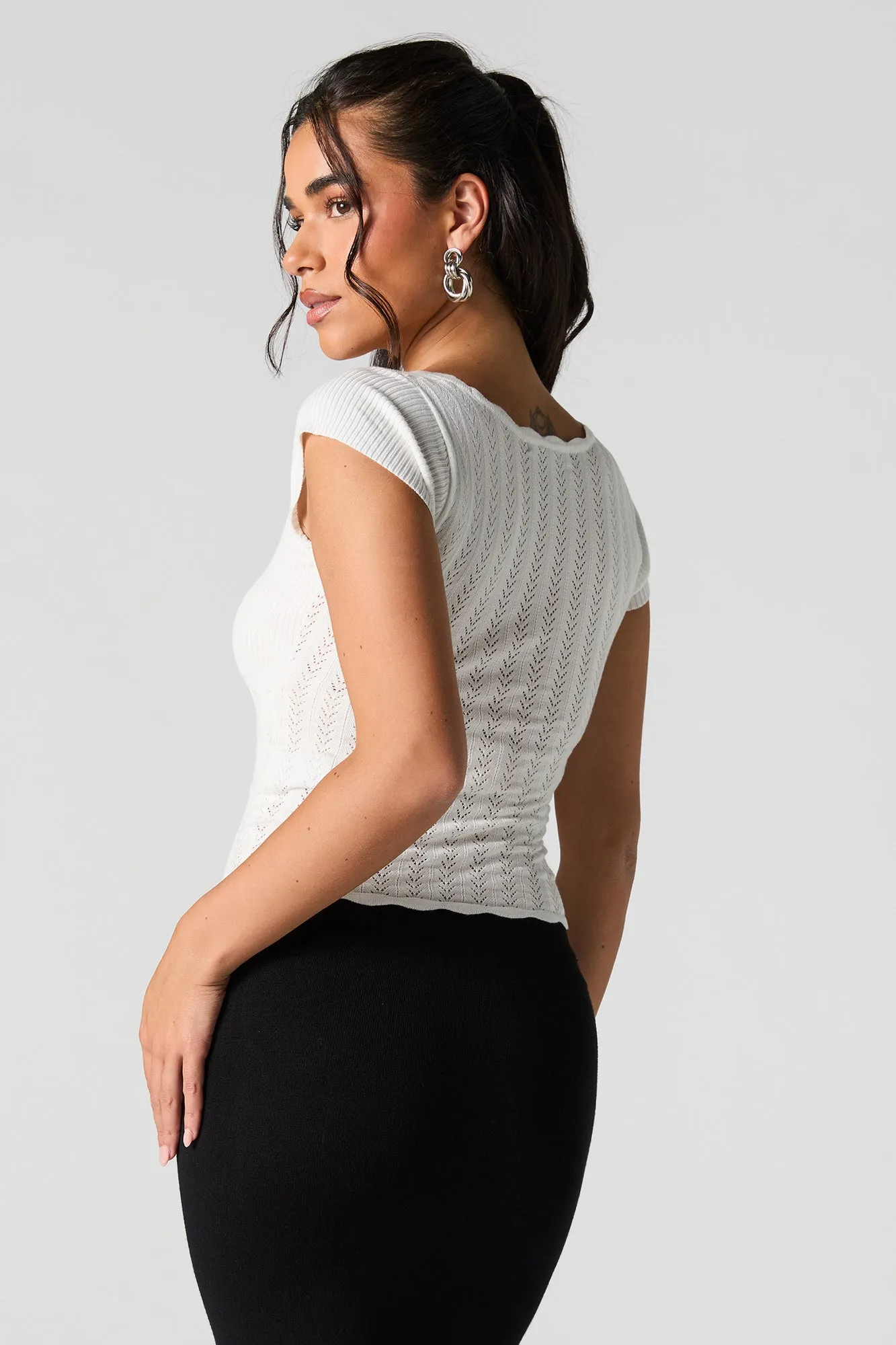 Pointelle Knit Scoop Neck Short Sleeve Top