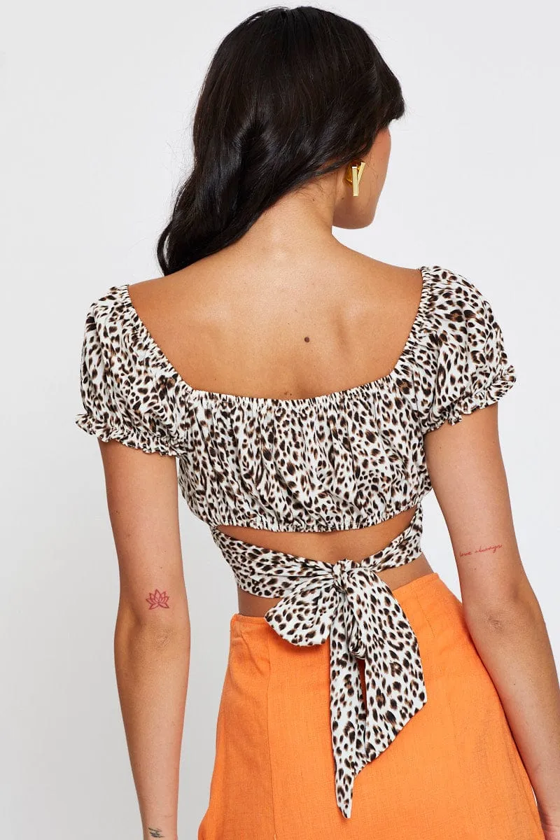 Print Crop Top Short Sleeve Tie Up