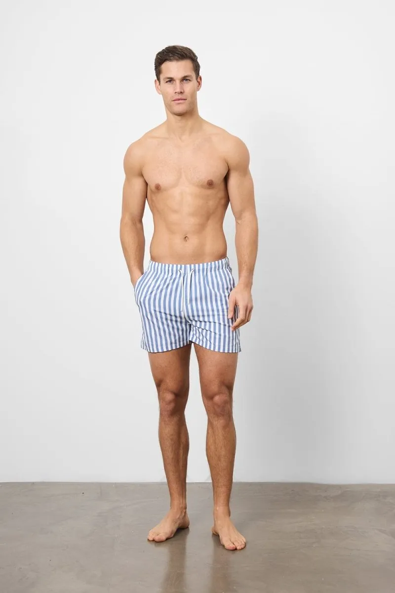 Printed Swim Short in White/Denim Blue Stripe