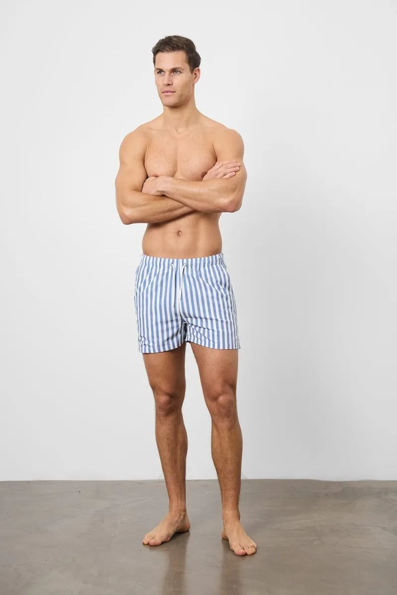 Printed Swim Short in White/Denim Blue Stripe
