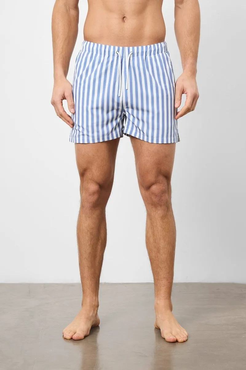 Printed Swim Short in White/Denim Blue Stripe