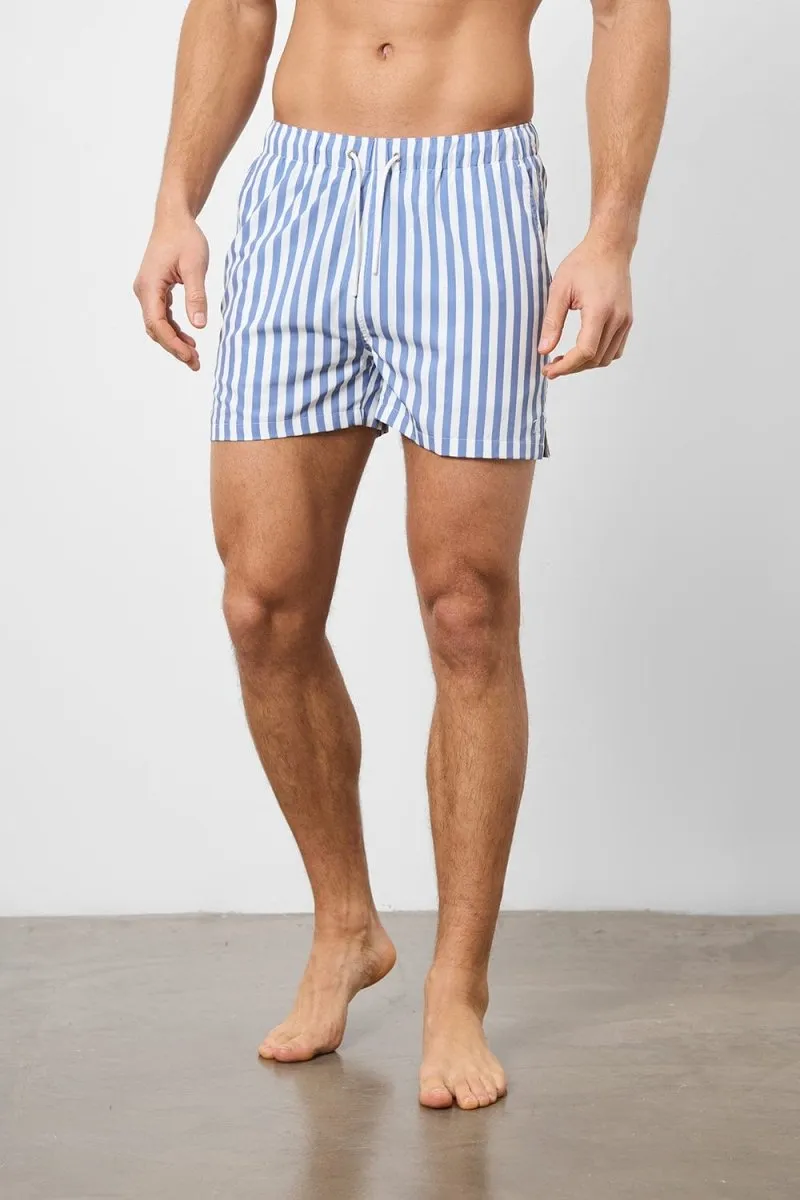 Printed Swim Short in White/Denim Blue Stripe
