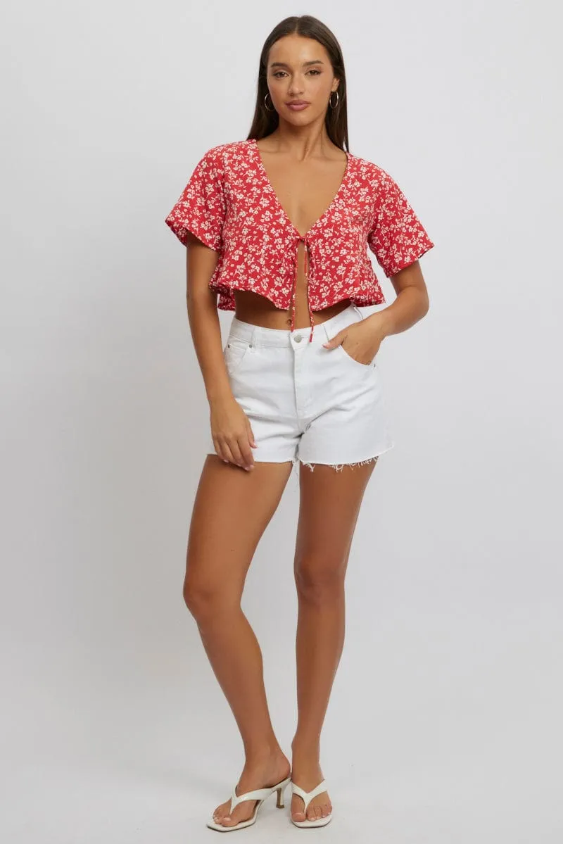 Red Ditsy Tie Up Top Short Sleeve Crop