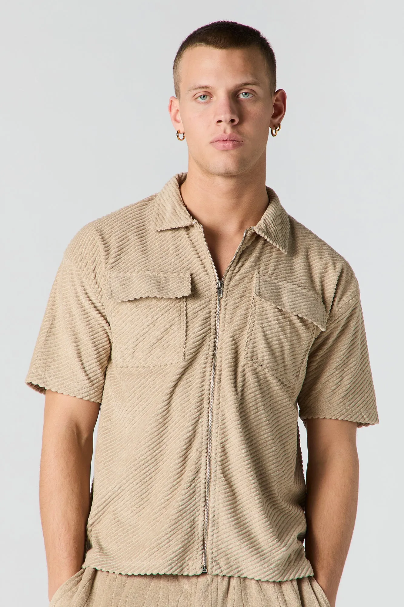 Ribbed Knit Zip-Up Short Sleeve Top