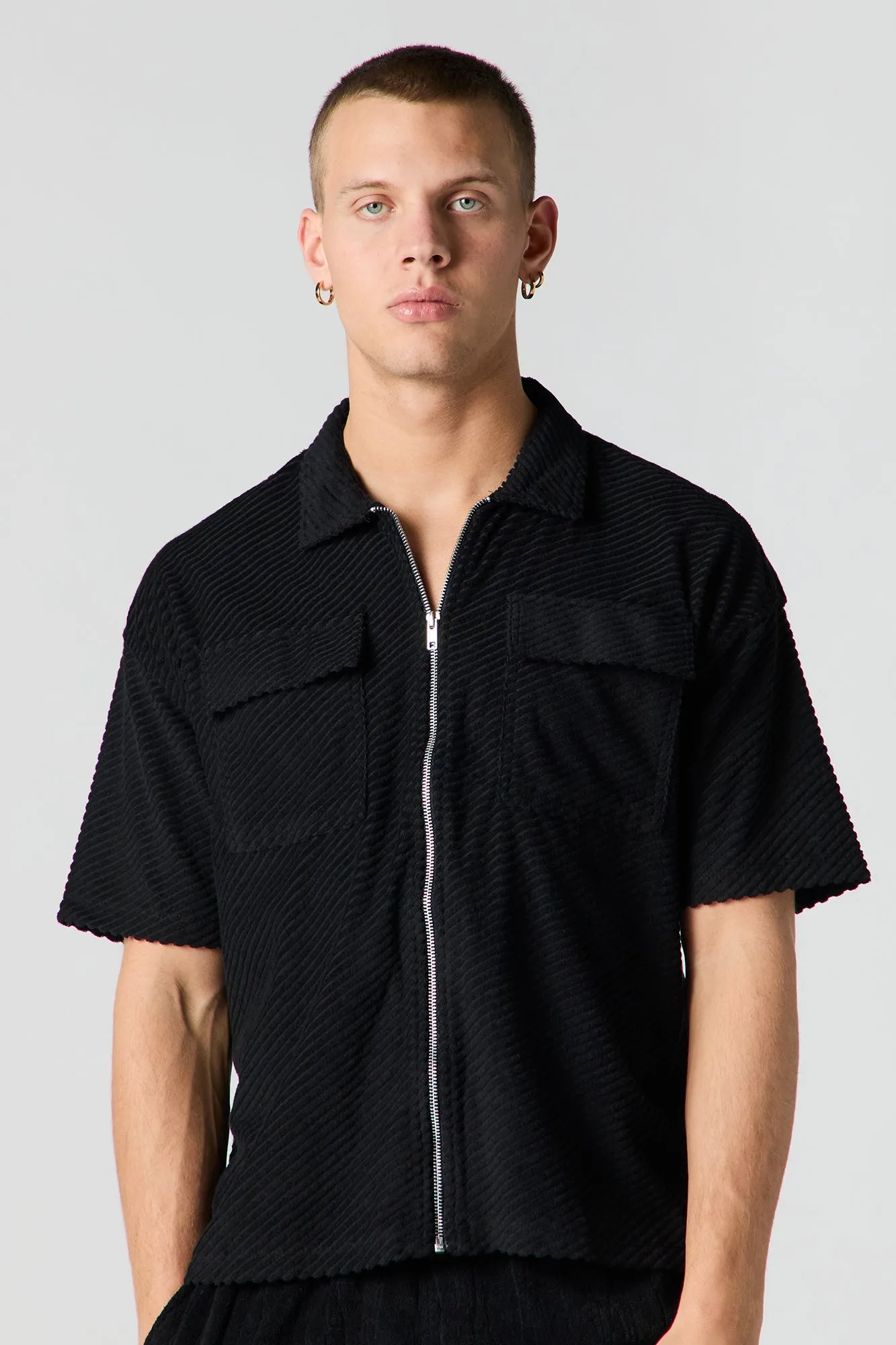 Ribbed Knit Zip-Up Short Sleeve Top