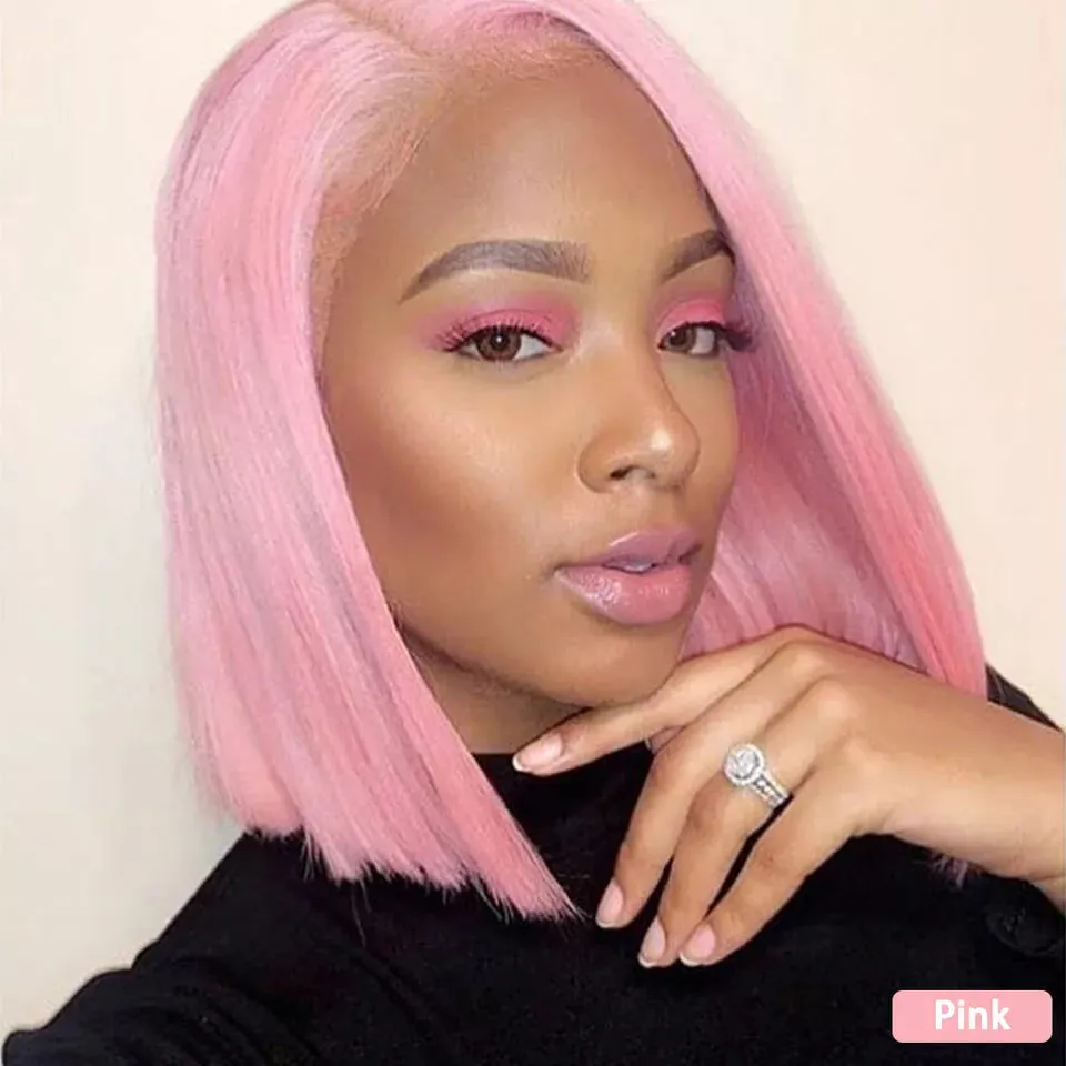 RIO 100% Human Hair 13X6 Breathable Glueless Fit HD Lace Frontal Bob Wig - Straight Light Pink Bob