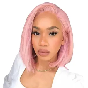 RIO 100% Human Hair 13X6 Breathable Glueless Fit HD Lace Frontal Bob Wig - Straight Light Pink Bob
