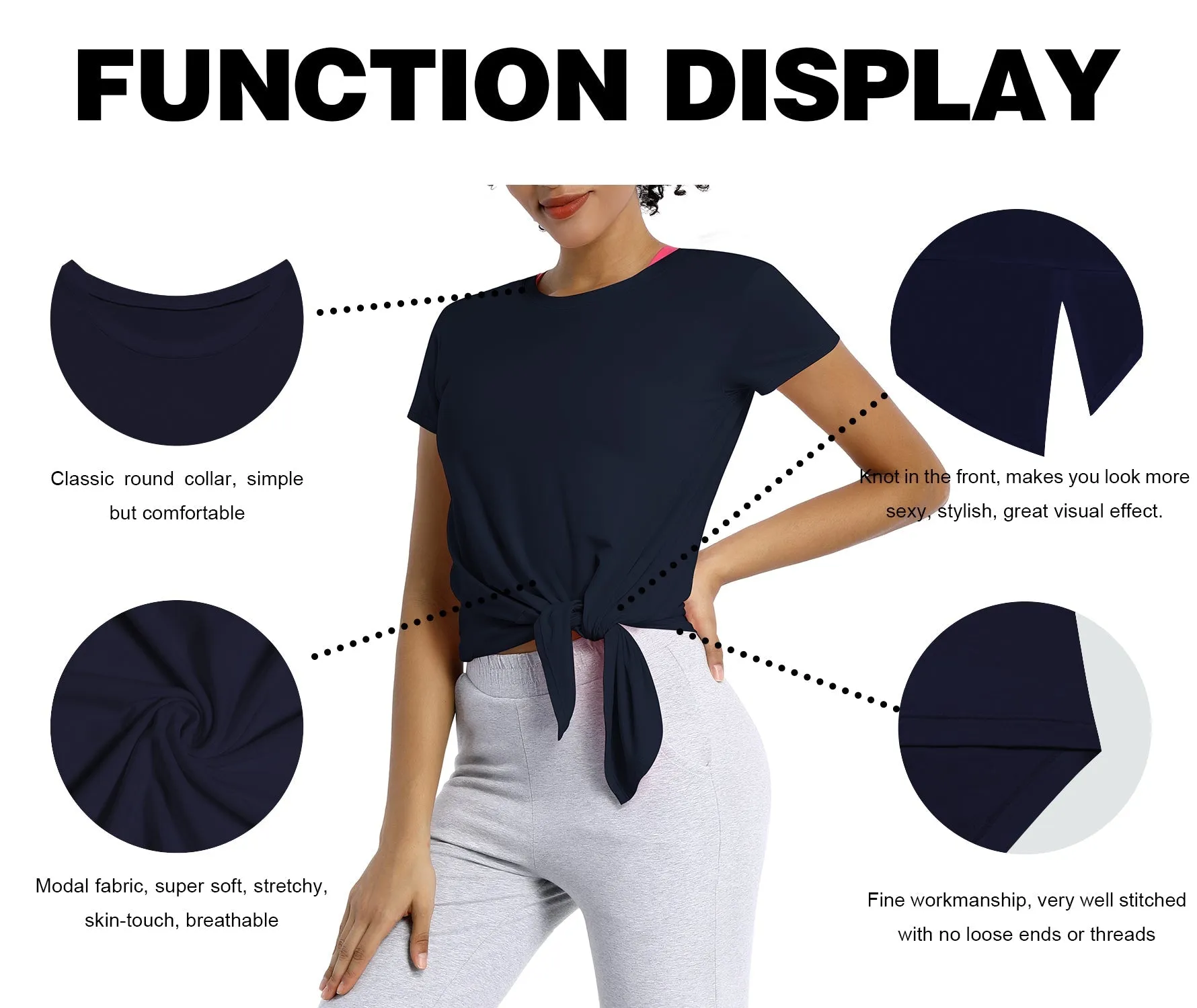 Tie Up Crop Top Short Sleeve T-Shirt darknavy_Pilates