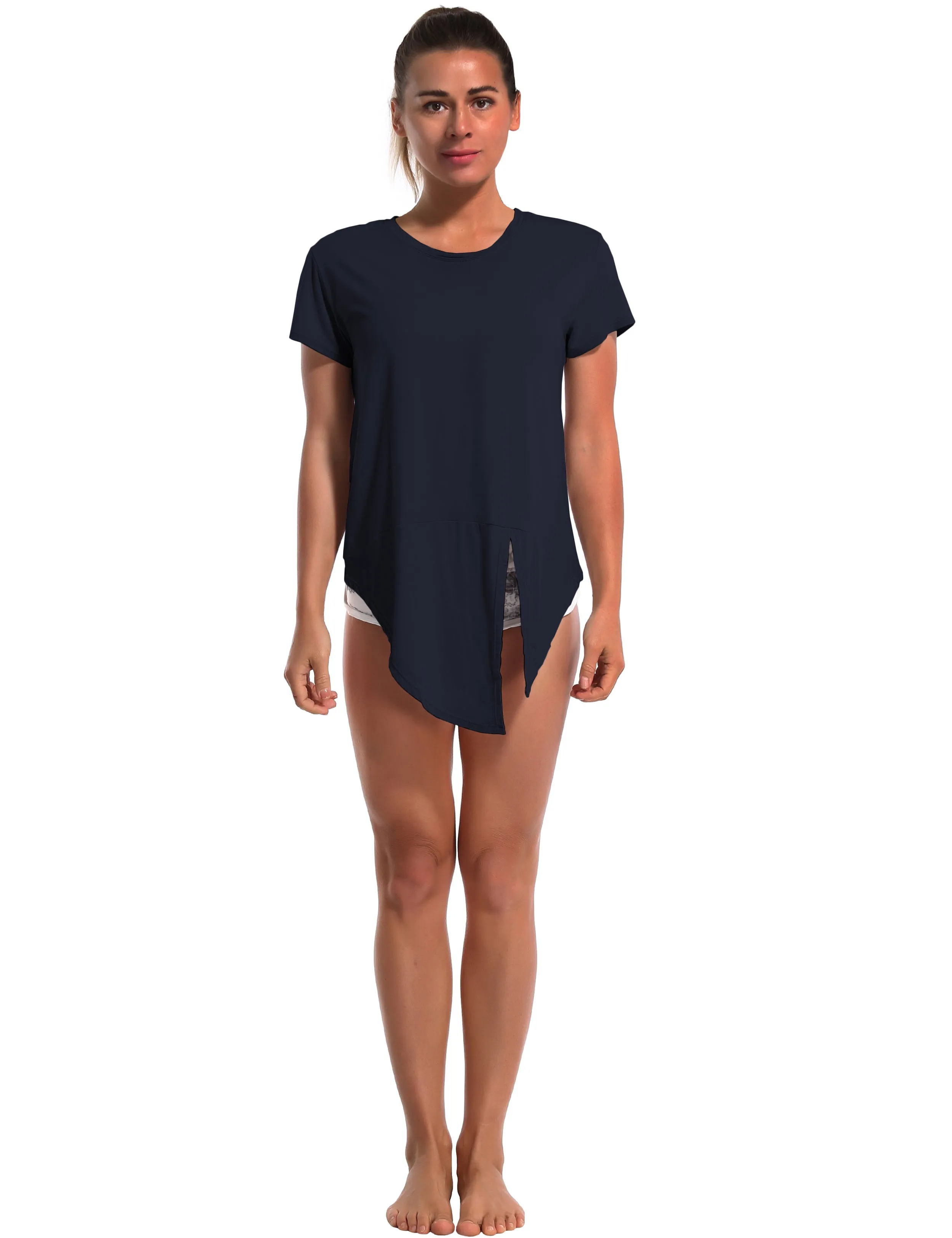 Tie Up Crop Top Short Sleeve T-Shirt darknavy_Pilates