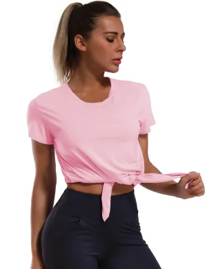 Tie Up Crop Top Short Sleeve T-Shirt lightpink_yoga