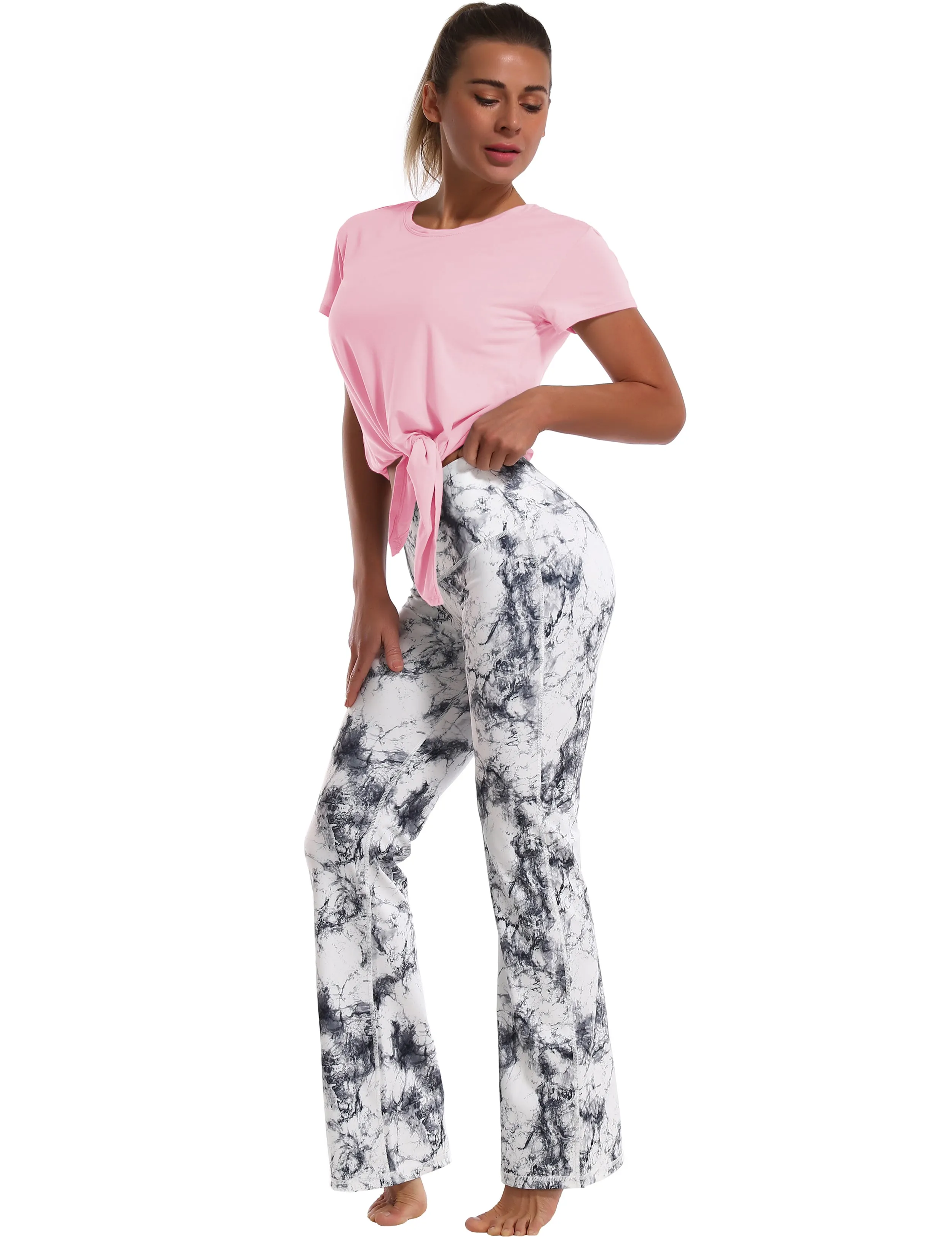 Tie Up Crop Top Short Sleeve T-Shirt lightpink_yoga